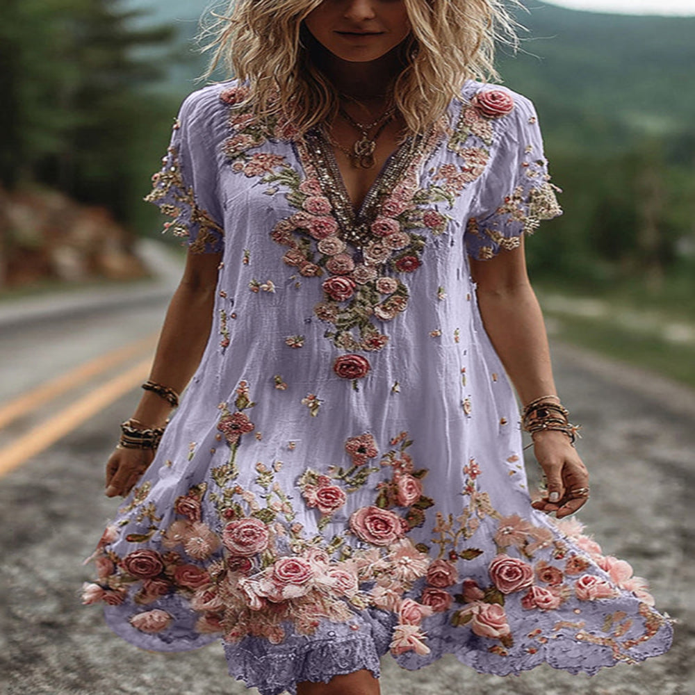 Floral Print Maxi Dress with Embroidered Detail and V neck Design, Machine Washable
