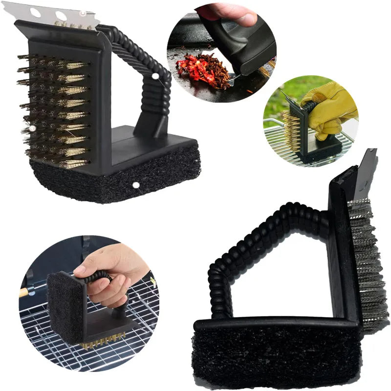 Grill Brush with Scraper, Brass Bristles and Sponge, Right Angle Head