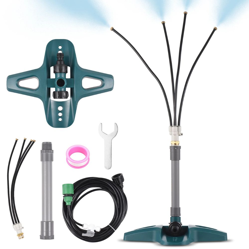 Portable Misting System with Adjustable Nozzle Heads and Garden Hose Connection