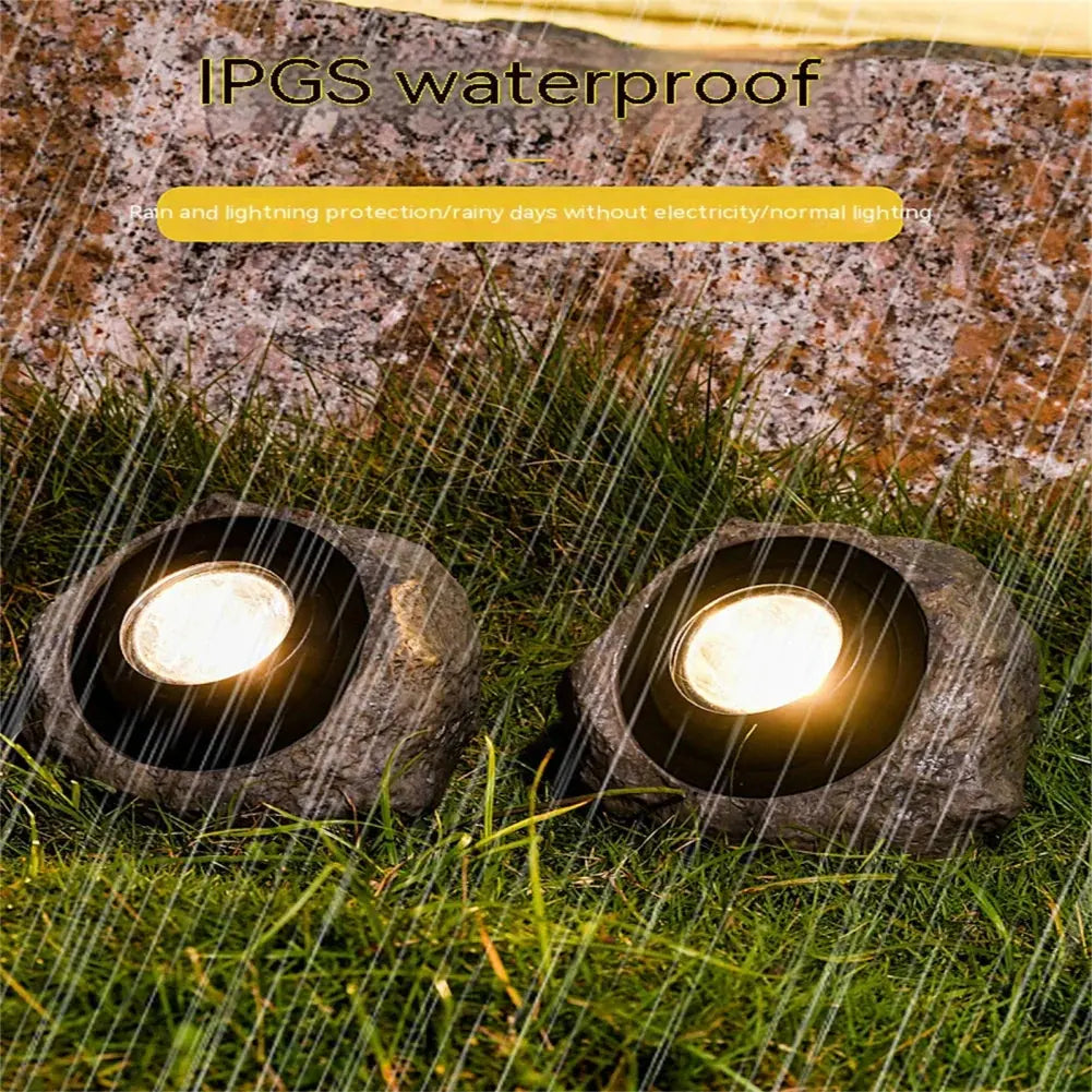 Solar Rock Light with Three LED Bulbs and Automatic Dusk-to-Dawn Operation for Garden Paths