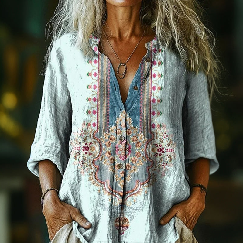 Printed V-Neck Tunic with All-Over Design and Versatile Fit