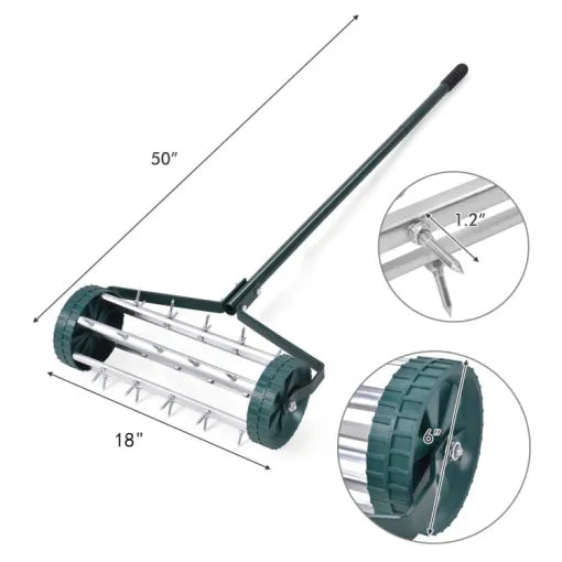Manual Lawn Aerator Roller with 32 Steel Spikes and 18 Inch Coverage