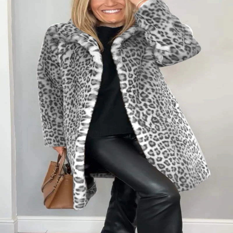 Faux Fur Leopard Print Coat with Oversized Fit and Lapel Collar for Women
