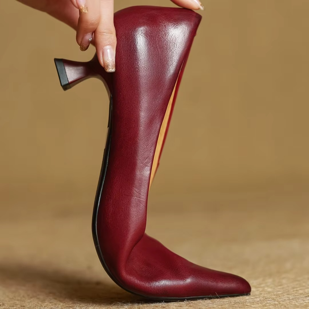 Women's Pointed Toe Leather Pumps with Slip-On Design and Slim Heel, Comfortable Dress Shoes