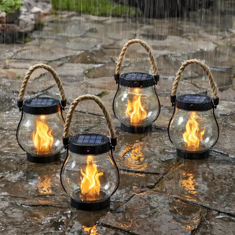 Solar Flame Lantern with Flickering LED and Automatic Dusk Activation, 12-Hour Runtime