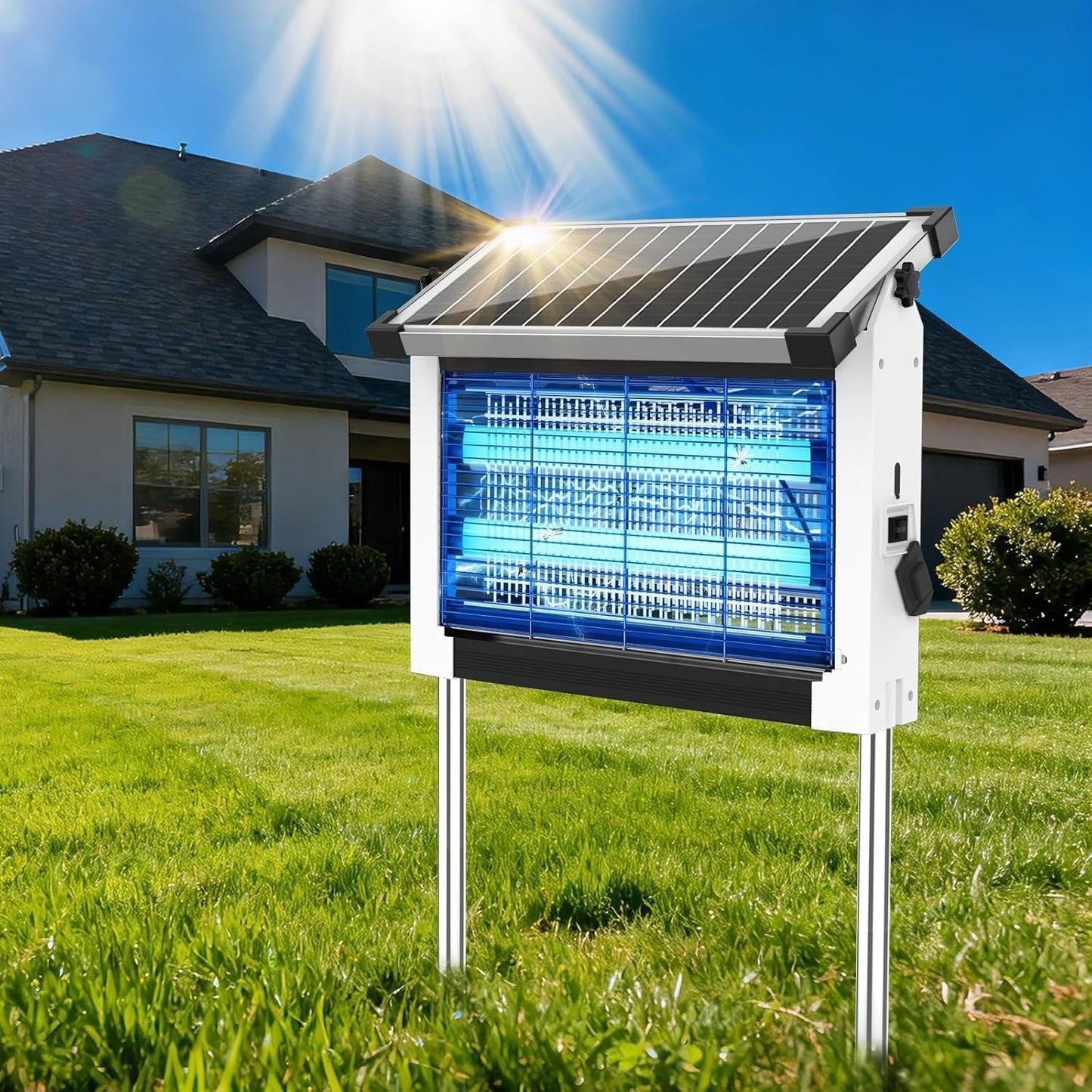 Solar Bug Zapper with Dual LED Bulbs and 4500 Volt Grid for 3500 sq ft Coverage