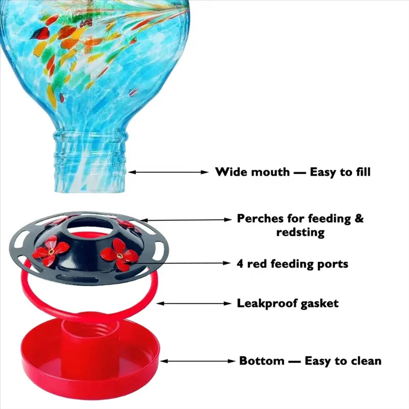 Ocean Blue Glass Hummingbird Feeder with Ant Moat and Feeding Ports