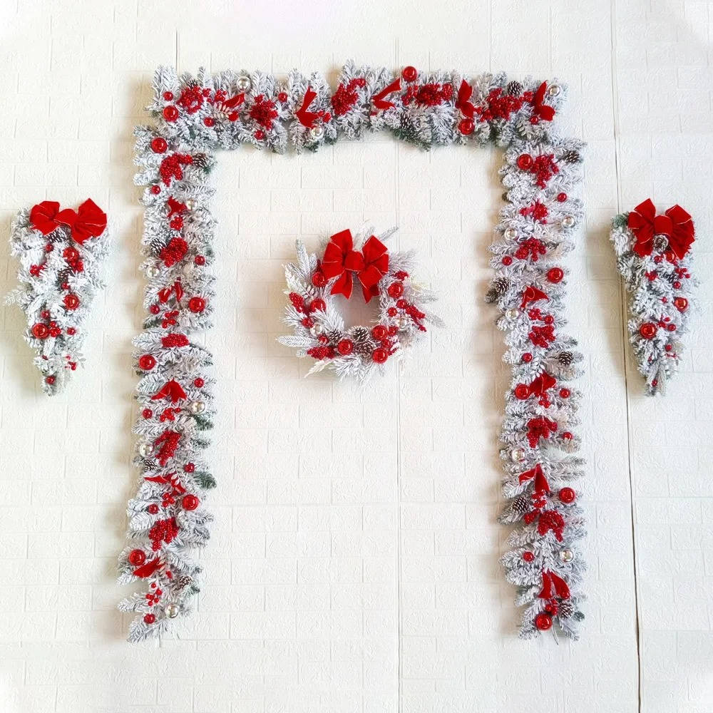 Holiday Wreath with Flocked Greenery and Red Berry Accents, Snowballs Pinecones
