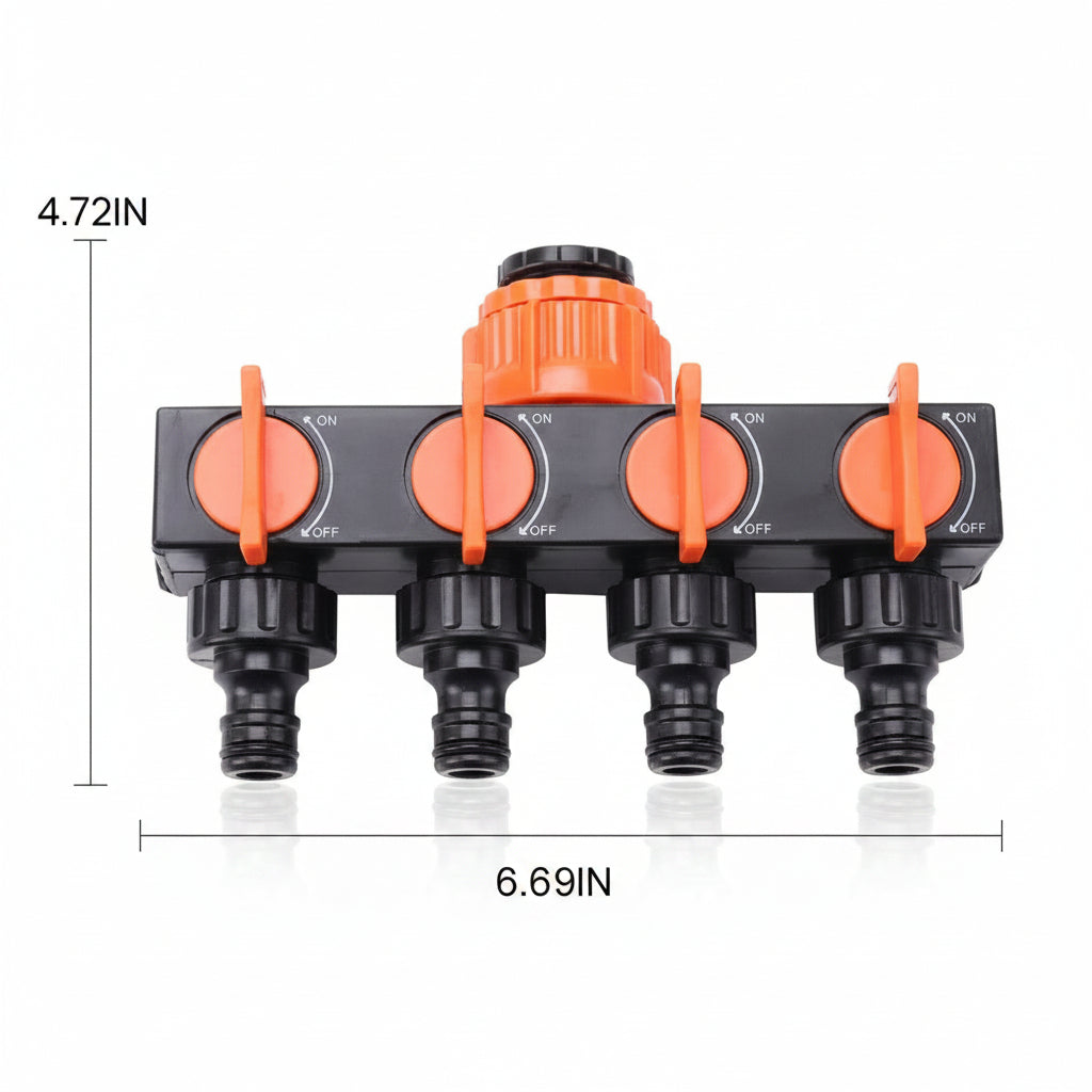 Four Way Garden Hose Splitter with Individual Valve Control and Quick Connect