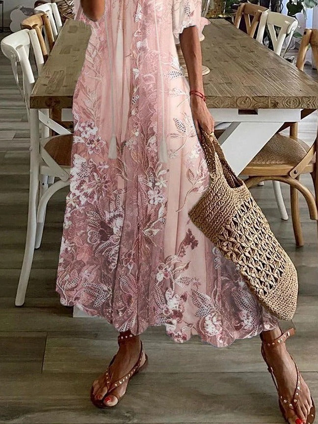 Women's Floral Maxi Dress with Lace Details and V-Neckline, Half Sleeves