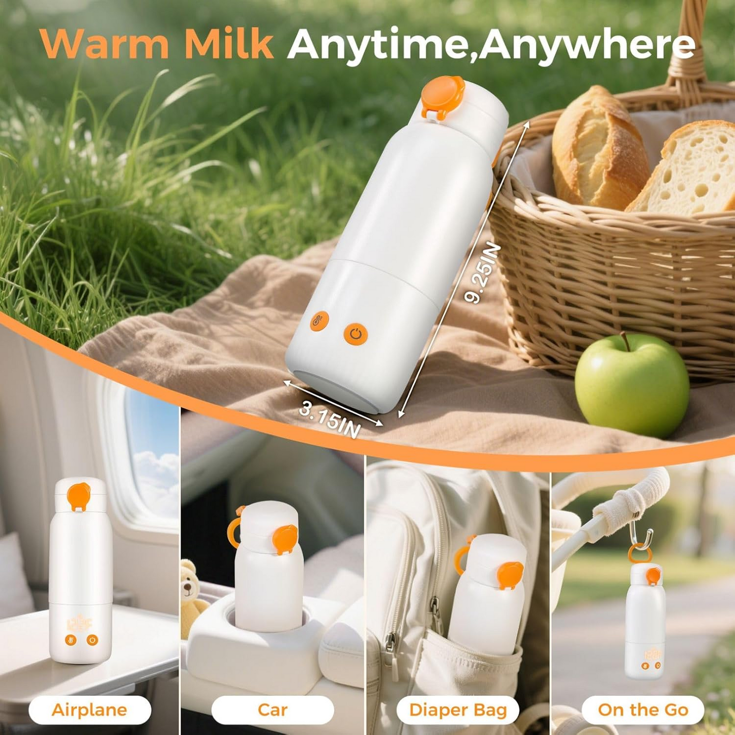 Portable Bottle Warmer for Travel, 12oz Large Capacity Fast Heating, 4 Levels Precise Temperature Control, Long Battery Life, Rechargeable Formula Water Milk Warmer for Car, Airplane & Outdoor Use allveramart
