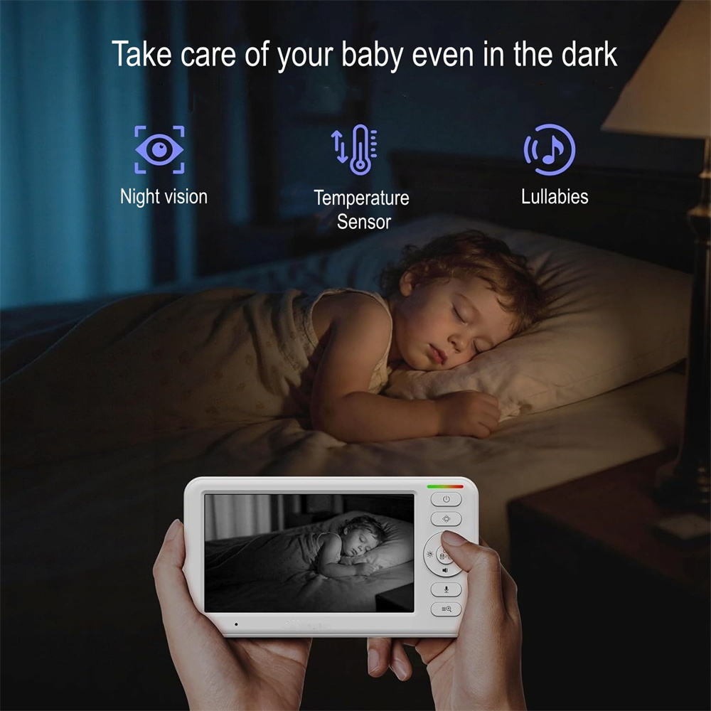 5 Inch HD IPS Screen Temperature Sensor Cry Sound Detection 1000ft Two Way Talk 2.4G Wireless Baby Monitor Baby Phone Camera allveramart