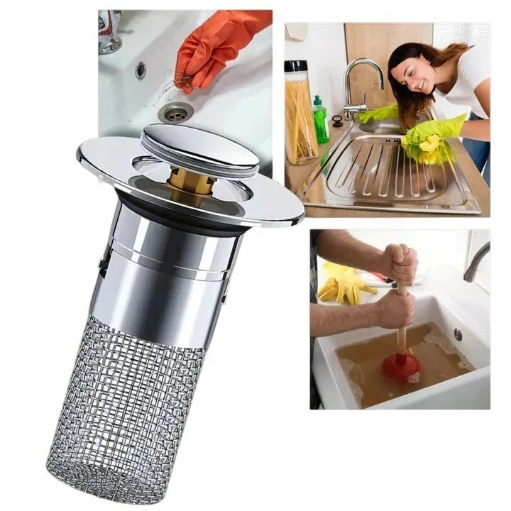 Pop Up Sink Stopper with Dual Silicone Seal and Integrated Filter Basket