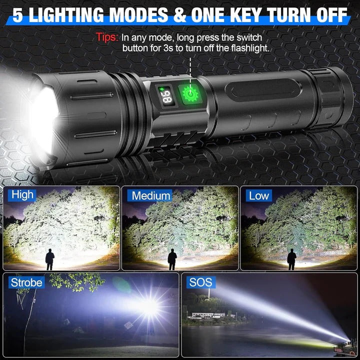 LED Flashlight with 3280 Foot Beam and Adjustable Focus, 5 Modes
