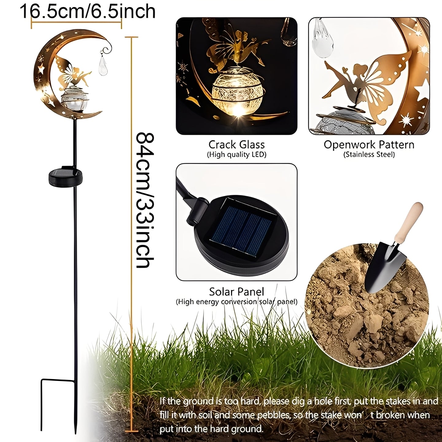 Solar Powered Garden Light with Fairy Moon Design and Automatic Dusk Sensor
