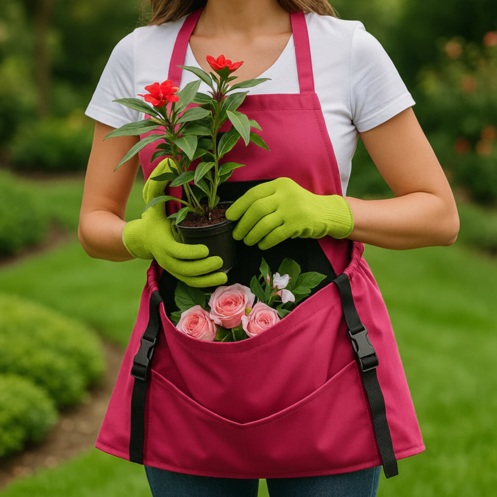 Garden Harvesting Apron with Drop Release Bottom and Water Resistant Pouch