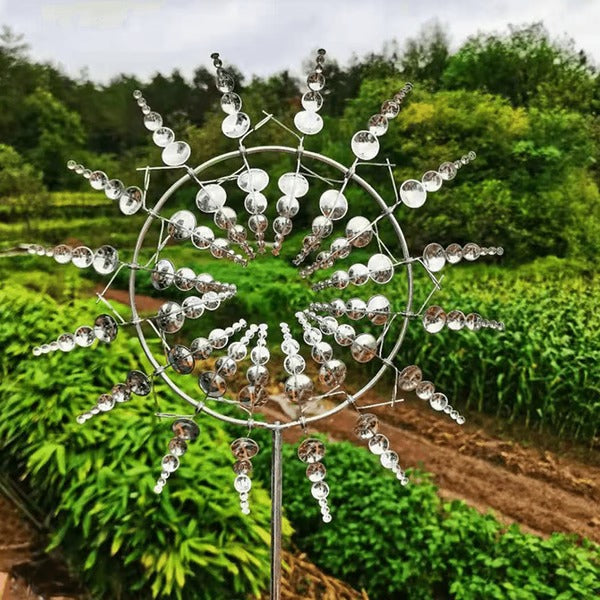 Dual Tier Metal Windmill with Ground Stake for Garden Lawn and Patio Decor