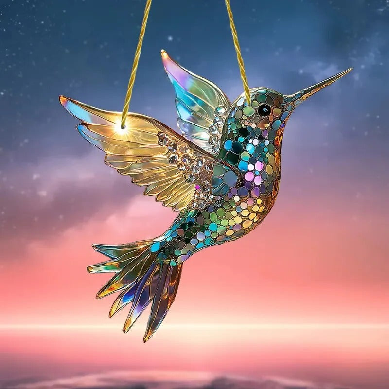 Colorful Bird Suncatcher Window Panel with Rainbow Light Reflections