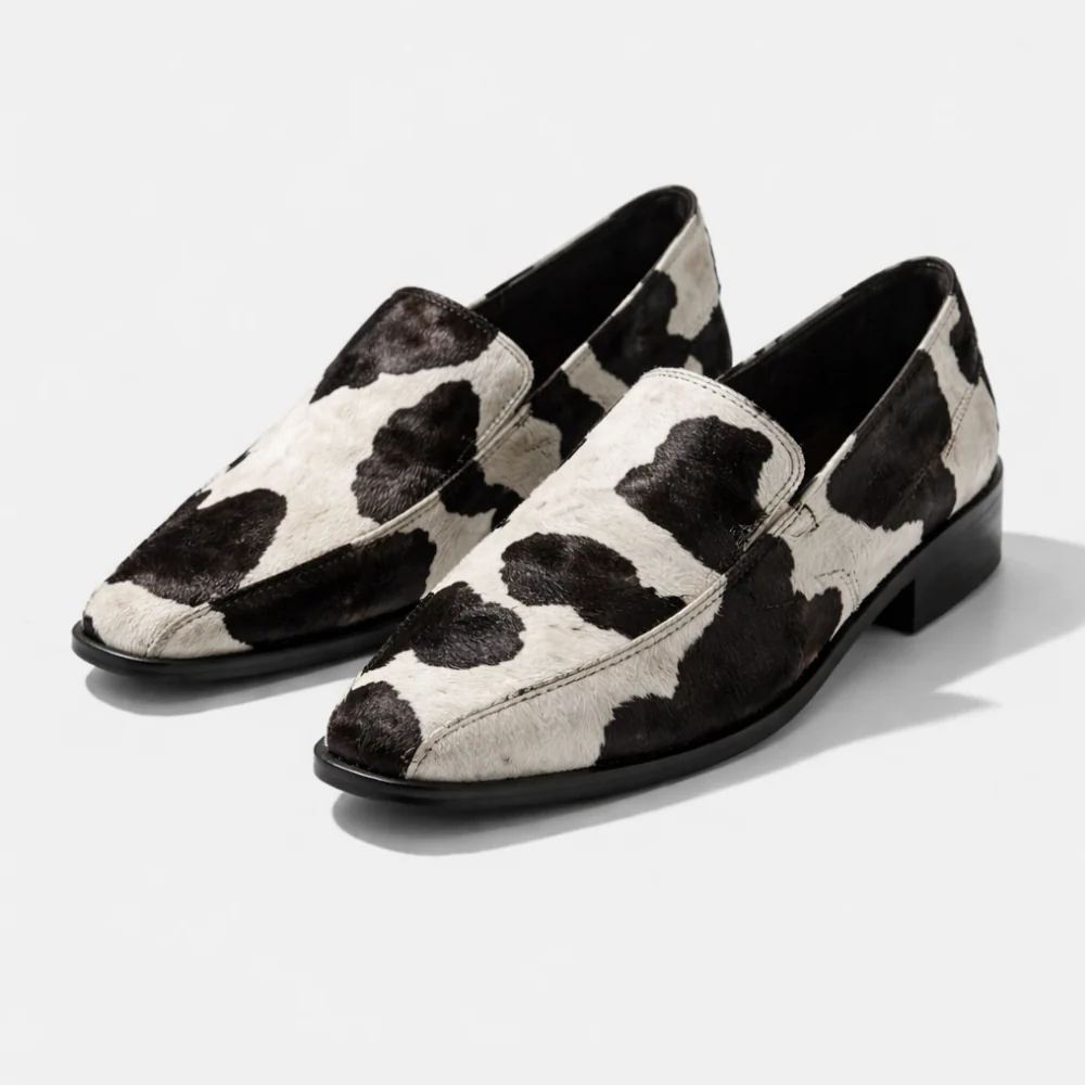 Women's Pointed-Toe Loafers with Cow Print Upper and Slip-On Design