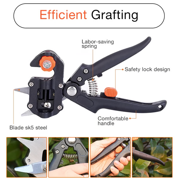 Grafting and Pruning Tool with Three Interchangeable Blades and Safety Lock