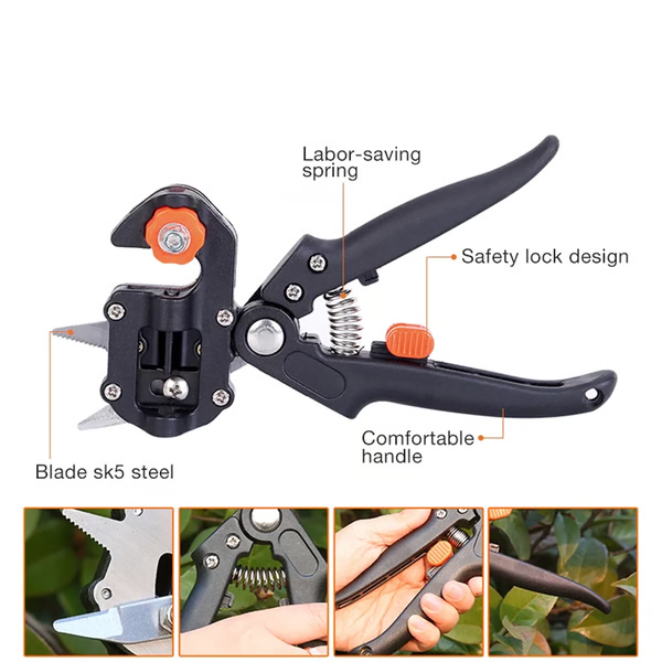 Grafting and Pruning Tool with Three Interchangeable Blades and Safety Lock
