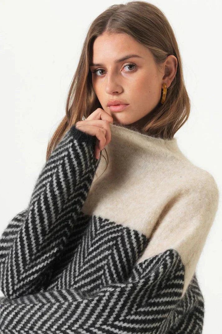 Eva Herringbone Stand Collar Sweater