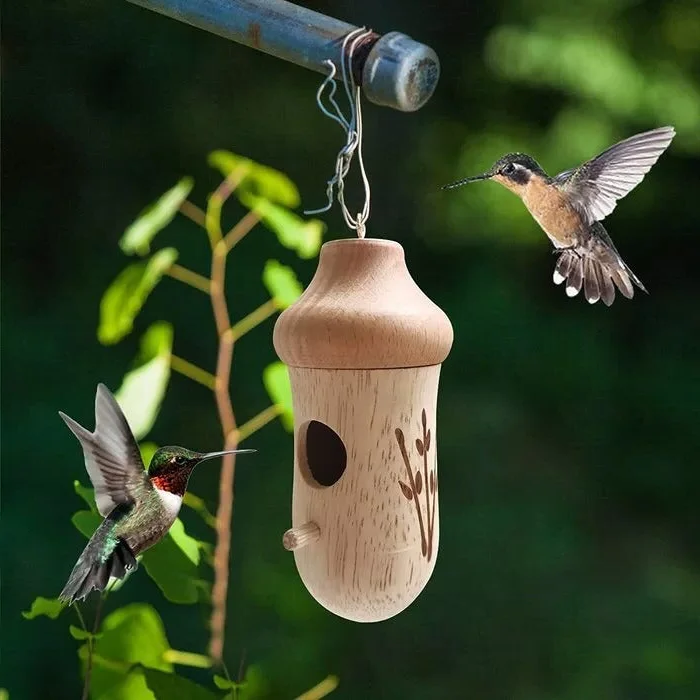 Hummingbird Nesting House with Hanging Loop and Wood Grain Finish, 3.1x3.1x5.9in