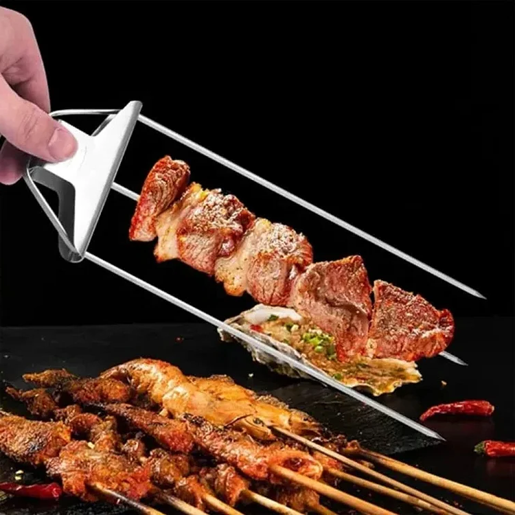 Multi-Prong Grill Skewer with Pull Release Button and Even Heat Distribution
