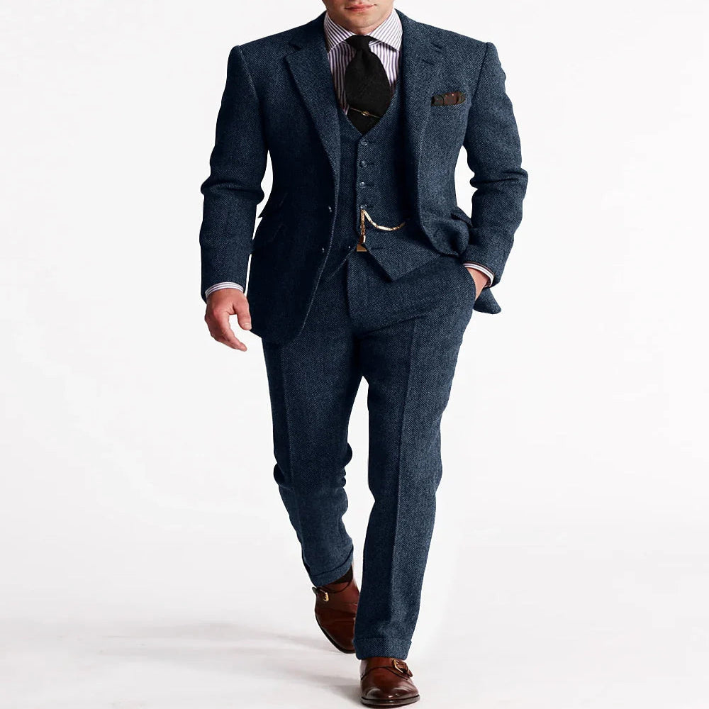 Men's Tweed Tuxedo Jacket with Flat Front Trousers for Formal Events