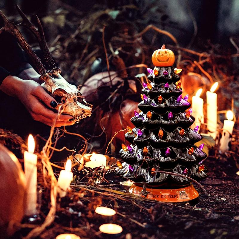 Ceramic Tree with Purple and Orange Lights, Battery Powered Tabletop Decor