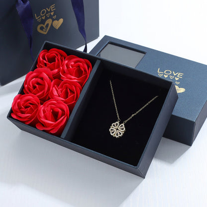 Four Heart Clover Pendant with Adjustable Chain and Preserved Roses