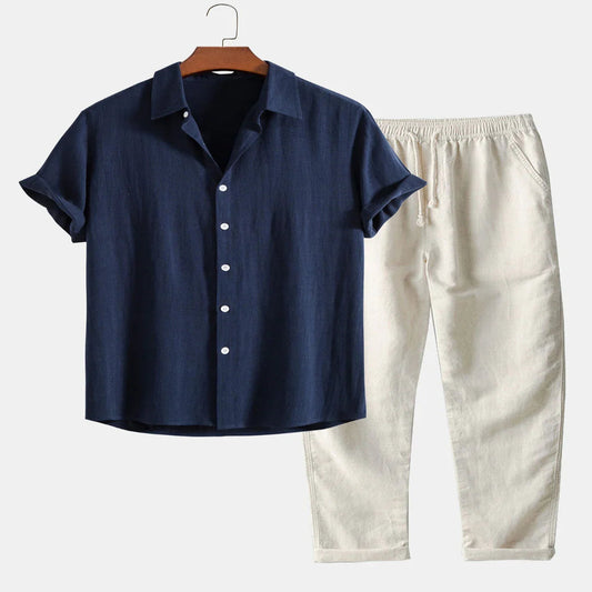 Men's Linen Shirt and Pants Set with Stand Collar and Short Sleeves