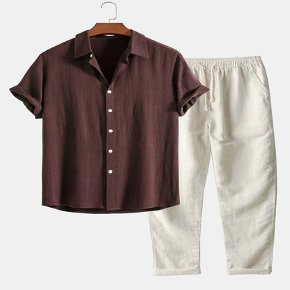 Men's Linen Shirt and Pants Set with Stand Collar and Short Sleeves