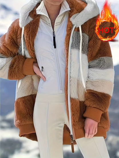Women’s Plush Faux Fur Hooded Coat – Warm Winter Outerwear