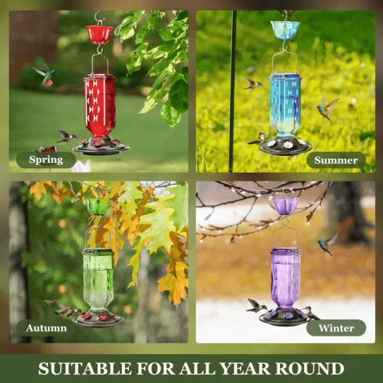 Glass Hummingbird Feeder with Six Feeding Ports and Ant Moat, 24oz Capacity
