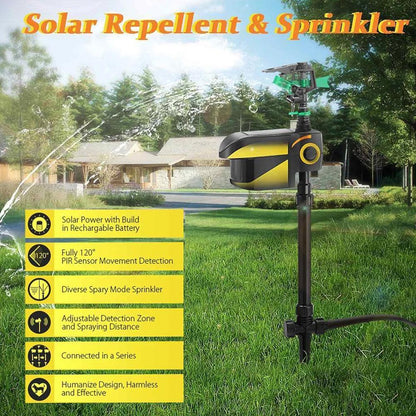 Solar Powered Motion Activated Sprinkler with 300 Degree Coverage and Adjustable Sensitivity