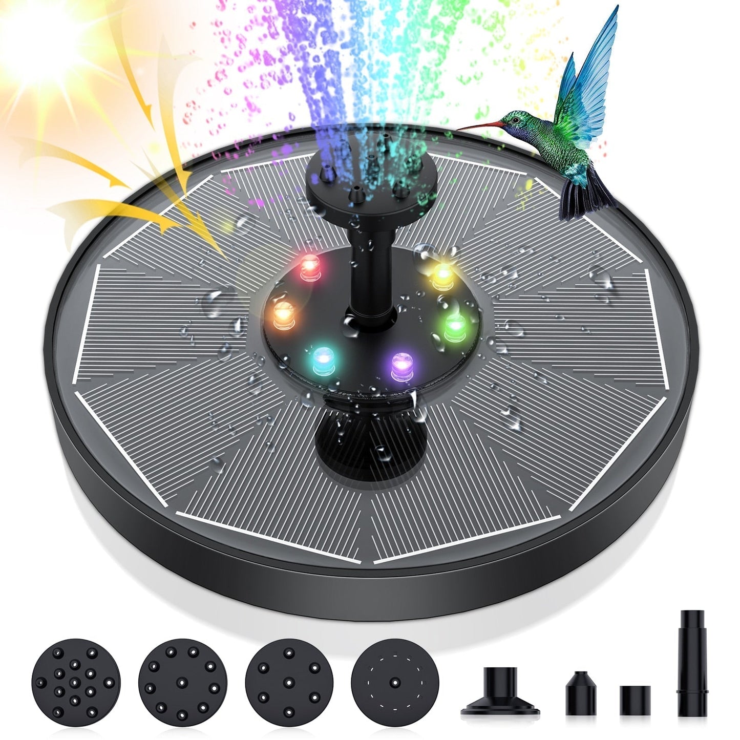 Solar Water Fountain Pump with Four Spray Nozzles and Adjustable Height
