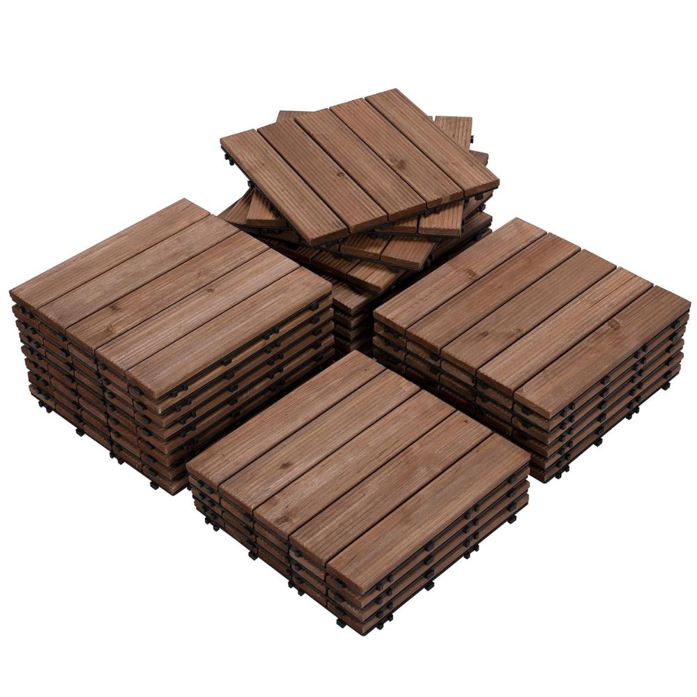 Fir Wood Interlocking Deck Tiles with Drainage Base and Anti-Slip Surface, 27 Pieces