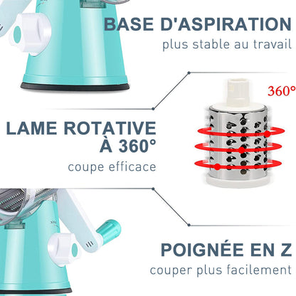 Rotary Vegetable Grater with Three Interchangeable Blades and Suction Feet