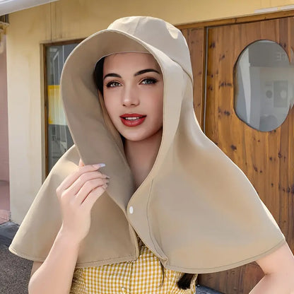 Wide Brim Sun Hat with Attached Shawl and Adjustable Fit for Women