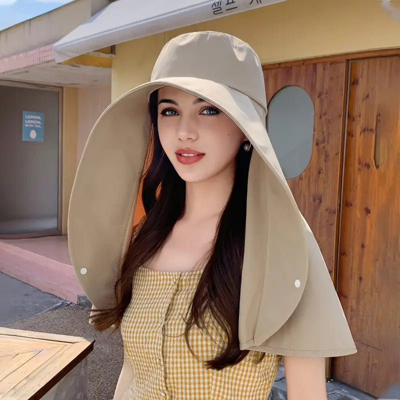 Wide Brim Sun Hat with Attached Shawl and Adjustable Fit for Women
