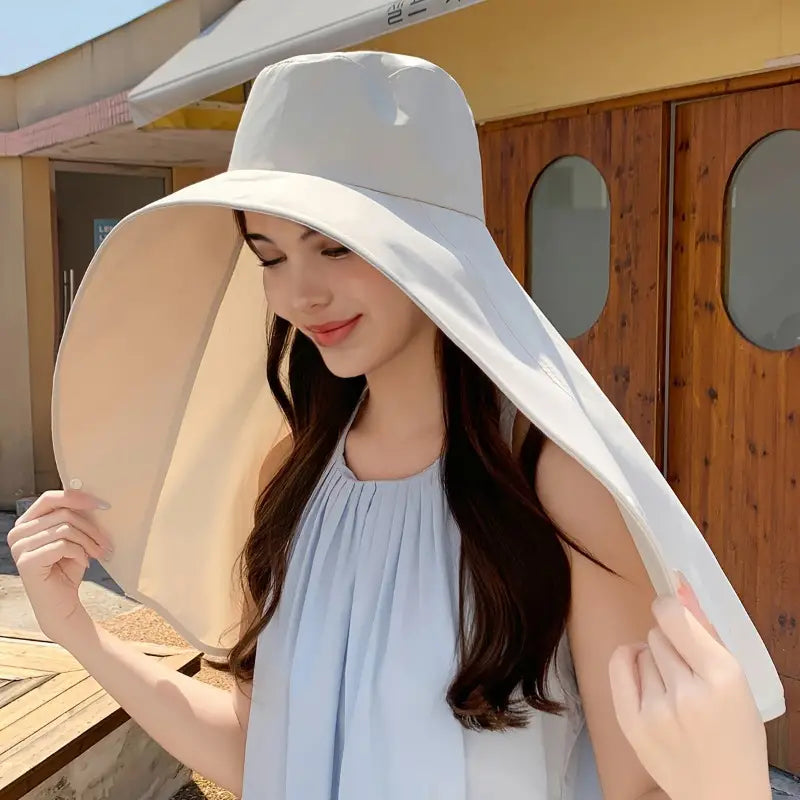 Wide Brim Sun Hat with Attached Shawl and Adjustable Fit for Women
