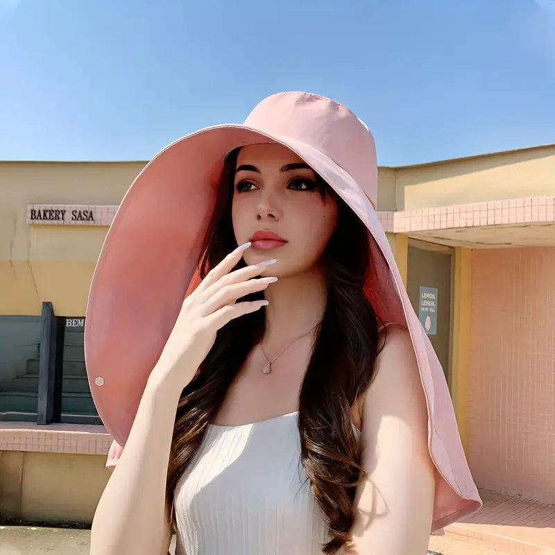 Wide Brim Sun Hat with Attached Shawl and Adjustable Fit for Women