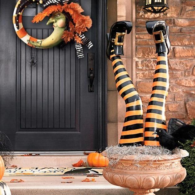 Witch Leg Garden Stakes with Striped Design and Golden Buckle Boots, 11.81in