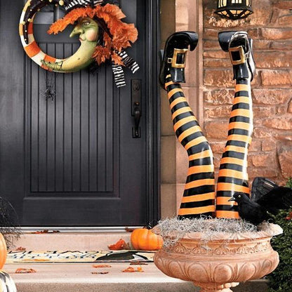 Witch Leg Garden Stakes with Striped Design and Golden Buckle Boots, 11.81in
