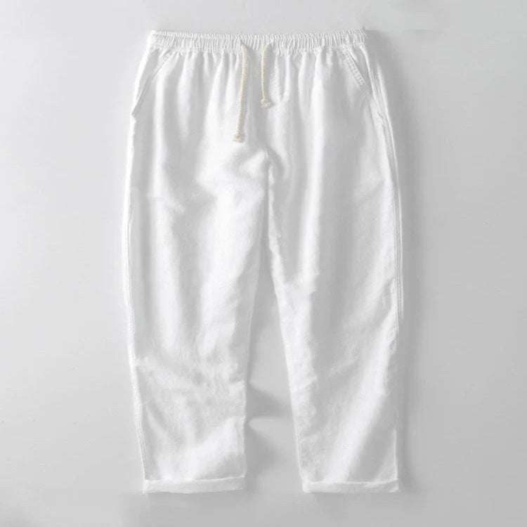 Men's Linen Shirt and Pants Set with Stand Collar and Short Sleeves