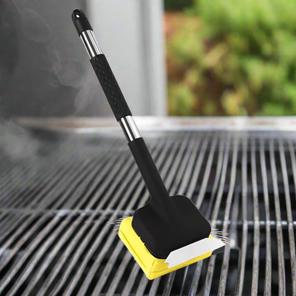 Steam Powered Grill Brush with Metal Scraper and Replaceable Cloth Head