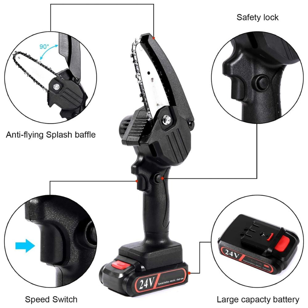 Cordless Mini Chainsaw with Hardened Chain and Safety Lock, 13in 32.8fps