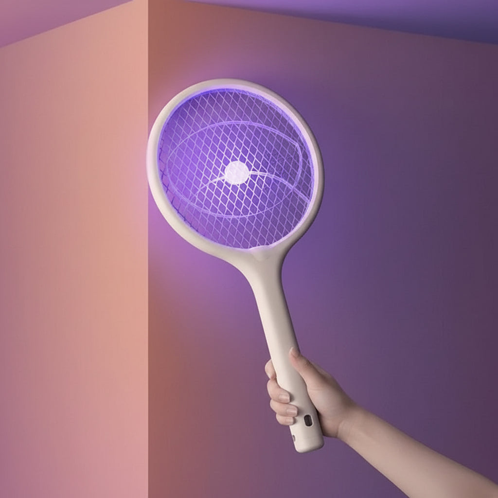 Electric Bug Zapper Racket with Adjustable Head and Stand Base
