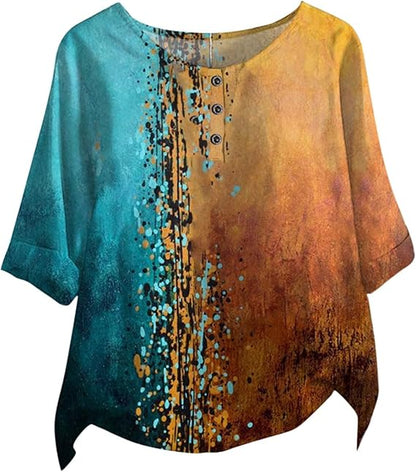 Graphic Print Blouse with Splicing Details and Half Sleeves